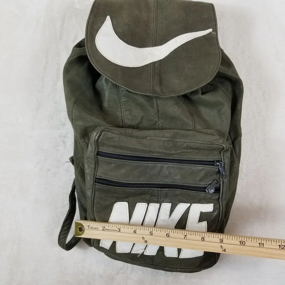 VTG‎ Nike Leather Backpack Olive Green Rucksack Swoosh Logo Bag